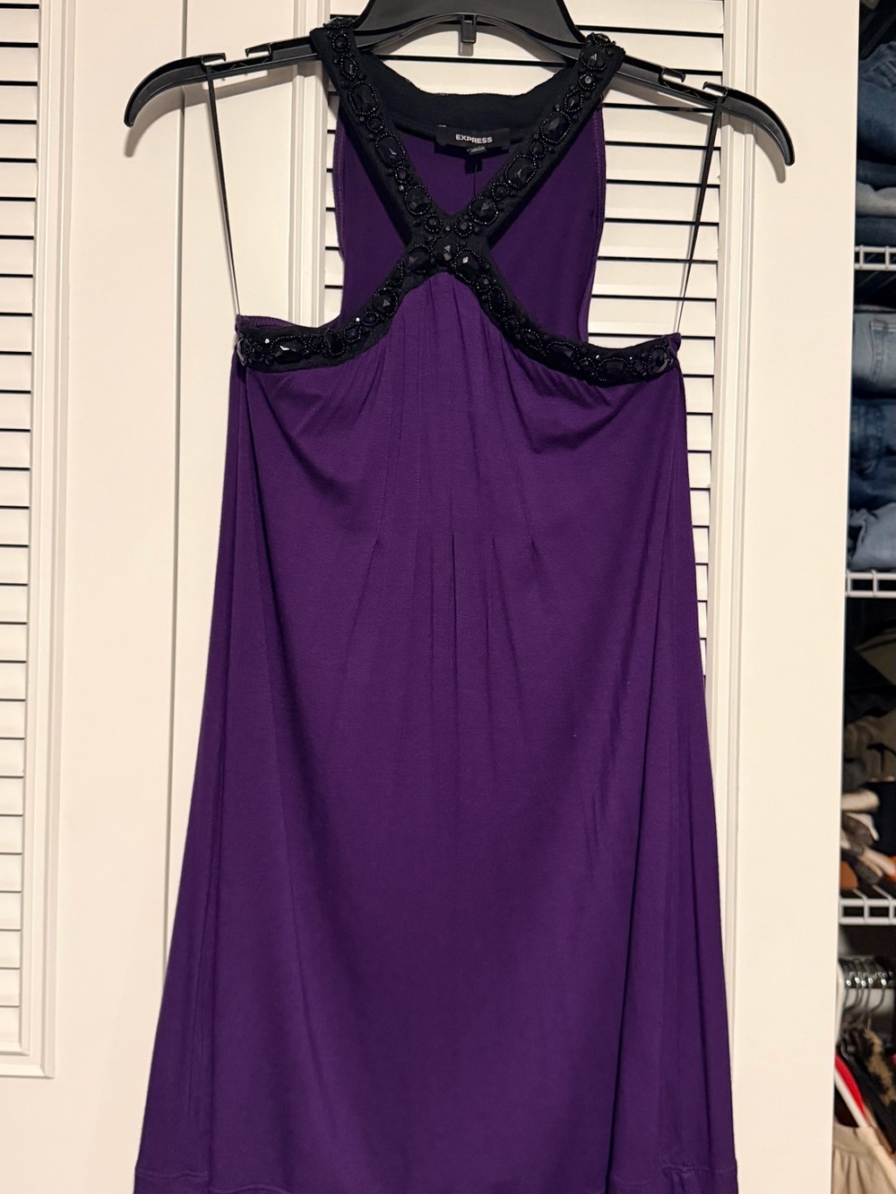Express Backless Purple Halter Dress with Black Beaded Trim